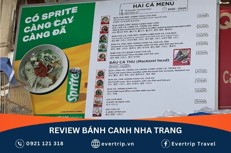 menu từ 40000 tại quán bánh canh nha trang ngon Hai Cá