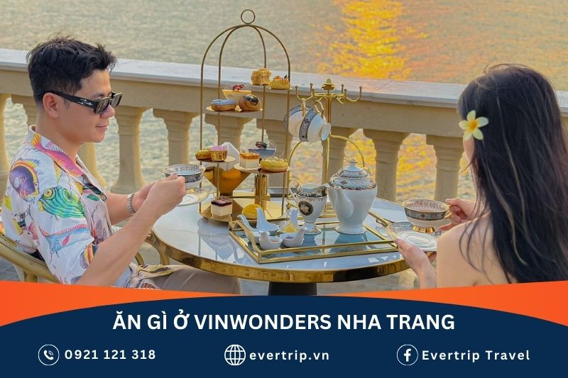 cặp đôi thưởng thức bữa trà chiều sang chảnh lúc hoàng hôn tại nhà hàng Mama Moon Vinwonder Nha Trang